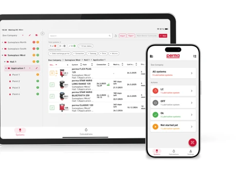 perma CONNECT showing the status of all connected automatic lubrication systems