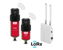 perma STAR VARIO long-range automatic lubricators shown alongside a LoRa gateway for wireless monitoring and control.