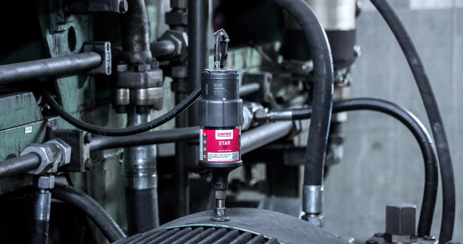 a perma STAR VARIO auto greaser mounted on an industrial electric motor